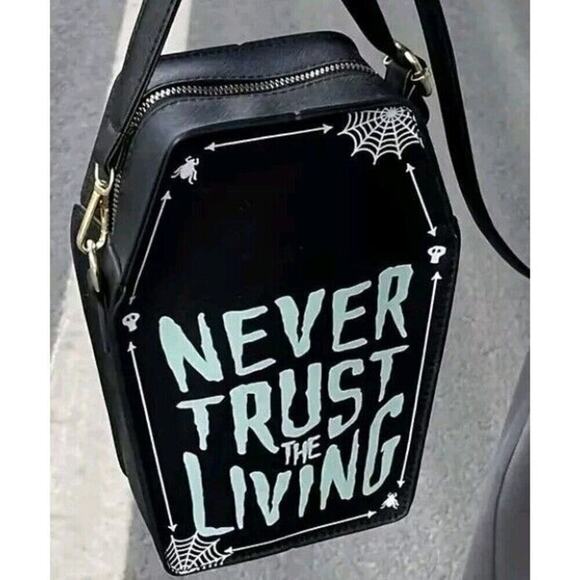 Never Trust The Living Coffin Purse Gothic Halloween Crossbody Handbag NEW - Picture 3 of 5